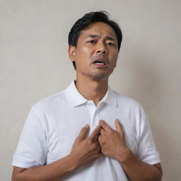 A 50-year-old Malay man, attired in a white polo t-shirt, stands next to a wall. He is gasping for air, his hands are on his chest as he experiences a heart attack. His face shows an expression of distress, displayed with a neutral background.