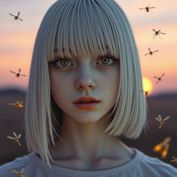 A girl from the waist up, 18 years old, with straight white shoulder-length hair and amber eyes that have a lifeless gaze