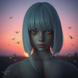 A girl from the waist up, 18 years old, with straight white shoulder-length hair and amber eyes that have a lifeless gaze