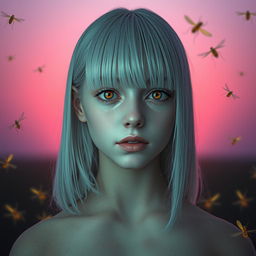 A girl from the waist up, 18 years old, with straight white shoulder-length hair and amber eyes that have a lifeless gaze