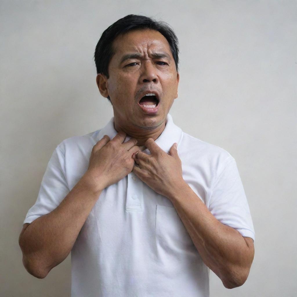 A 50-year-old Malay man, clad in a white polo t-shirt, stands against a wall, gasping for breath, a pallor to his face. He clutches his chest with both hands mid-heart attack, the scene stark against a neutral background.