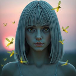 A girl from the waist up, 18 years old, with straight white shoulder-length hair and amber eyes that exhibit a lifeless gaze