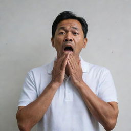 A 50-year-old Malay man, clad in a white polo t-shirt, stands against a wall, gasping for breath, a pallor to his face. He clutches his chest with both hands mid-heart attack, the scene stark against a neutral background.