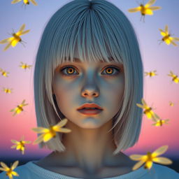 A full-length portrait of an 18-year-old girl with straight white shoulder-length hair and amber eyes that exhibit a lifeless gaze