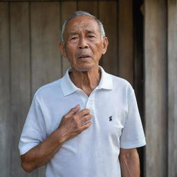 A 70-year-old Malay grandfather, wearing a white round neck polo shirt, stands next to a wall. His face is gasping for breath, looking pale. Both his hands are on his chest having a heart attack, set against a traditional wooden house background.