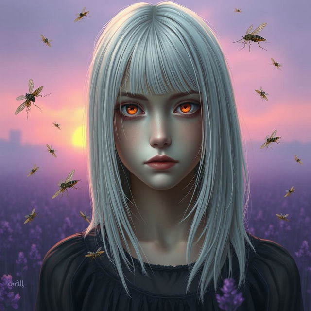 A full-length portrait of an 18-year-old girl with straight shoulder-length white hair and amber eyes that have a lifeless gaze