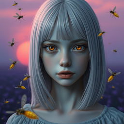 A full-length portrait of an 18-year-old girl with straight shoulder-length white hair and amber eyes that have a lifeless gaze