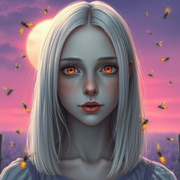 A full-length portrait of an 18-year-old girl with straight shoulder-length white hair and amber eyes that have a lifeless gaze