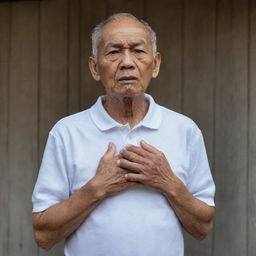 A 70-year-old Malay grandfather, wearing a white round neck polo shirt, stands next to a wall. His face is gasping for breath, looking pale. Both his hands are on his chest having a heart attack, set against a traditional wooden house background.