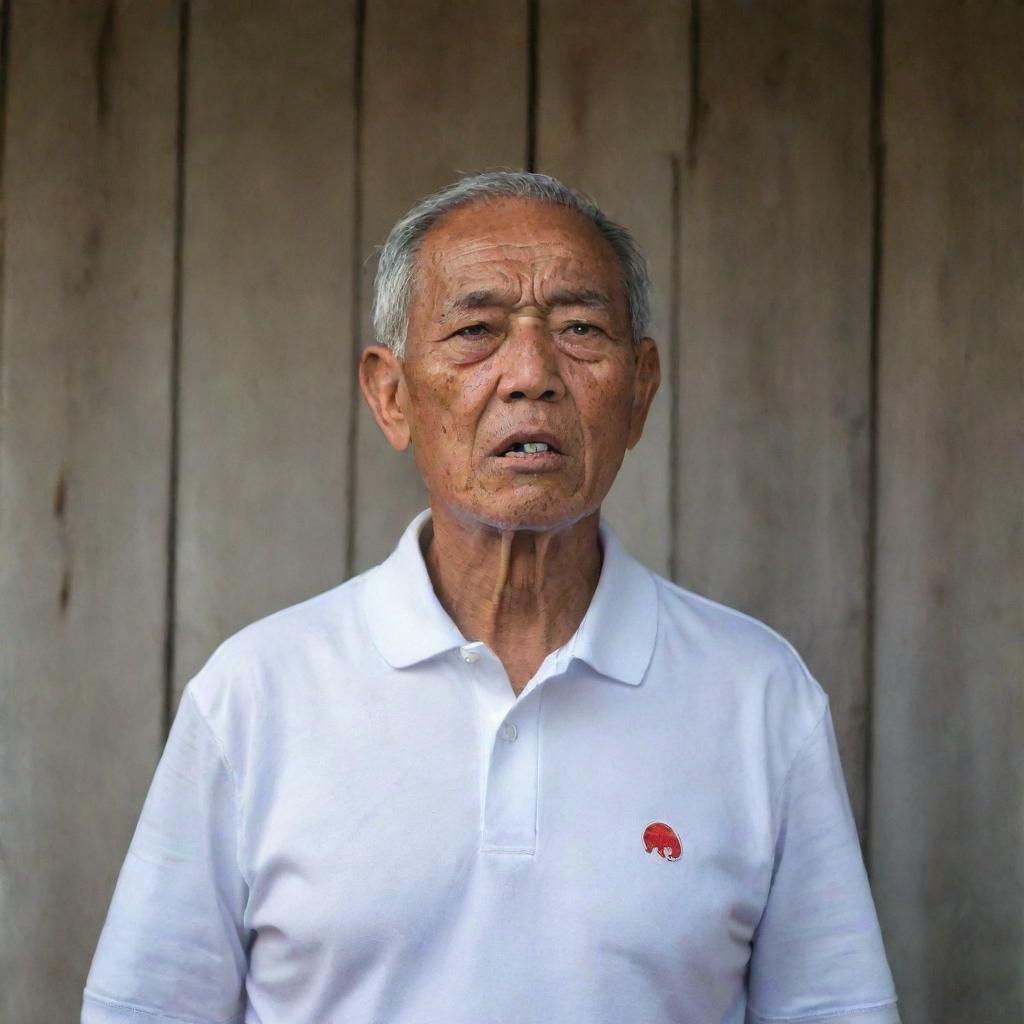 A 70-year-old Malay grandfather, wearing a white round neck polo shirt, stands next to a wall. His face is gasping for breath, looking pale. Both his hands are on his chest having a heart attack, set against a traditional wooden house background.