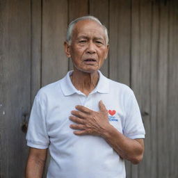 A 70-year-old Malay grandfather, wearing a white round neck polo shirt, stands next to a wall. His face is gasping for breath, looking pale. Both his hands are on his chest having a heart attack, set against a traditional wooden house background.