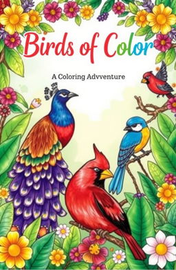 A whimsical and colorful coloring book cover featuring a variety of birds in a lush, vibrant forest setting