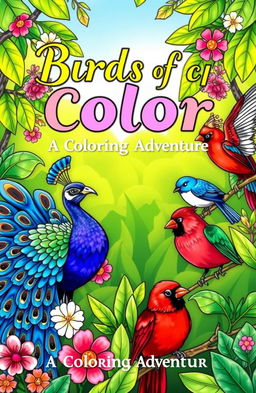 A whimsical and colorful coloring book cover featuring a variety of birds in a lush, vibrant forest setting