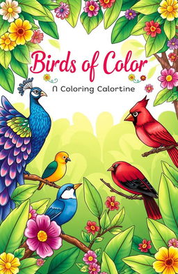 A whimsical and colorful coloring book cover featuring a variety of birds in a lush, vibrant forest setting