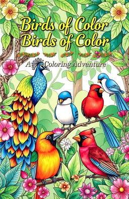 A whimsical and colorful coloring book cover featuring a variety of birds in a lush, vibrant forest setting