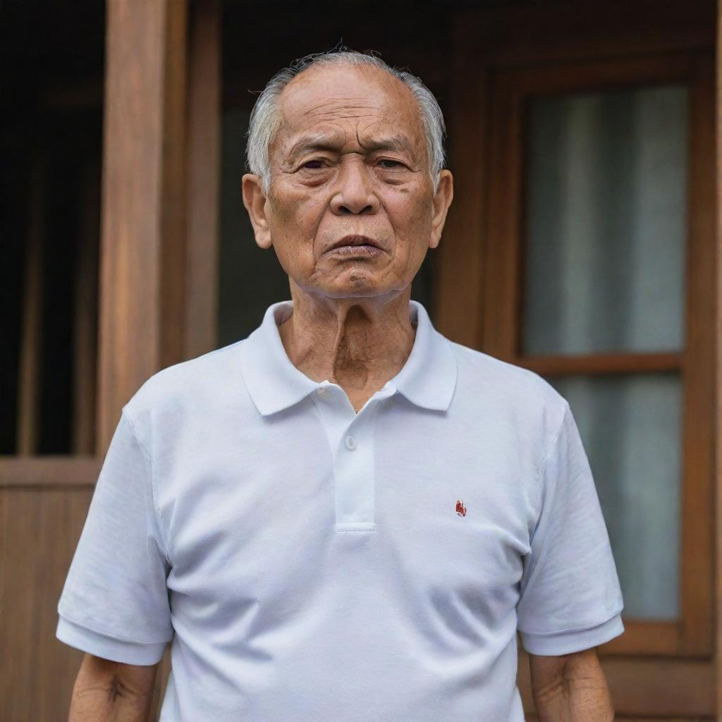 A 70-year-old Malay grandfather, clad in a white round neck polo shirt, is gasping for breath. His face looks pale, and both his hands clutch his chest, as he experiences a heart attack. This is set against the backdrop of a traditional wooden house.