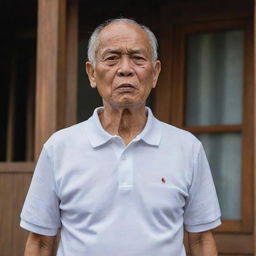 A 70-year-old Malay grandfather, clad in a white round neck polo shirt, is gasping for breath. His face looks pale, and both his hands clutch his chest, as he experiences a heart attack. This is set against the backdrop of a traditional wooden house.