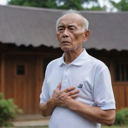 A 70-year-old Malay grandfather, clad in a white round neck polo shirt, is gasping for breath. His face looks pale, and both his hands clutch his chest, as he experiences a heart attack. This is set against the backdrop of a traditional wooden house.