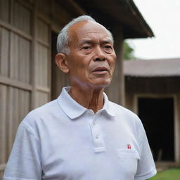 A 70-year-old Malay grandfather, clad in a white round neck polo shirt, is gasping for breath. His face looks pale, and both his hands clutch his chest, as he experiences a heart attack. This is set against the backdrop of a traditional wooden house.