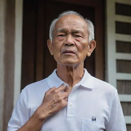 A 70-year-old Malay grandfather, clad in a white round neck polo shirt, is gasping for breath. His face looks pale, and both his hands clutch his chest, as he experiences a heart attack. This is set against the backdrop of a traditional wooden house.