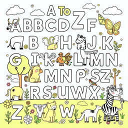 An enchanting coloring book page featuring an A to Z array of animals, where each letter of the alphabet is beautifully illustrated with a corresponding animal
