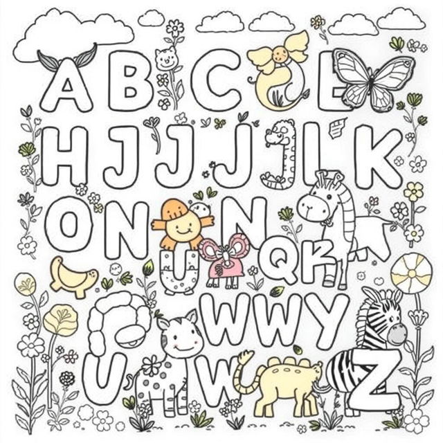 An enchanting coloring book page featuring an A to Z array of animals, where each letter of the alphabet is beautifully illustrated with a corresponding animal