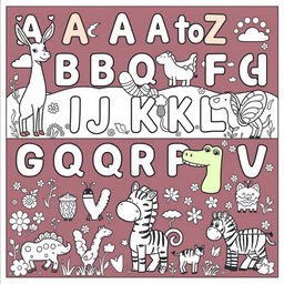 An enchanting coloring book page featuring an A to Z array of animals, where each letter of the alphabet is beautifully illustrated with a corresponding animal