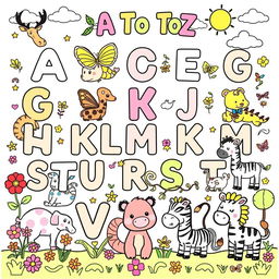 An enchanting coloring book page featuring an A to Z array of animals, where each letter of the alphabet is beautifully illustrated with a corresponding animal