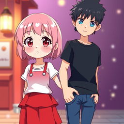 Sakura, a cute 12-year-old girl, is illustrated with striking red eyes, a small mouth, a petite nose, and short pink hair