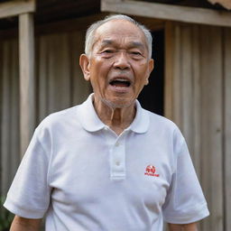 A 70-year-old Malay grandfather, dressed in a white round neck polo shirt, with his mouth wide open, gasps for breath. He looks pale and clutches his chest with both hands, in the throes of a heart attack, complemented by a rustic wooden house background.