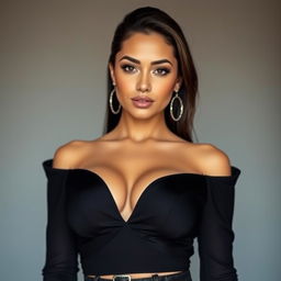 A stunning Guatemalan woman dressed in a provocative outfit that features a daring deep neckline, showcasing her voluptuous bust