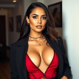 A stunning Guatemalan woman dressed in a provocative outfit that features a daring deep neckline, showcasing her voluptuous bust