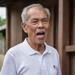 A 70-year-old Malay grandfather, dressed in a white round neck polo shirt, with his mouth wide open, gasps for breath. He looks pale and clutches his chest with both hands, in the throes of a heart attack, complemented by a rustic wooden house background.