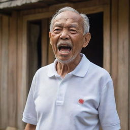 A 70-year-old Malay grandfather, dressed in a white round neck polo shirt, with his mouth wide open, gasps for breath. He looks pale and clutches his chest with both hands, in the throes of a heart attack, complemented by a rustic wooden house background.