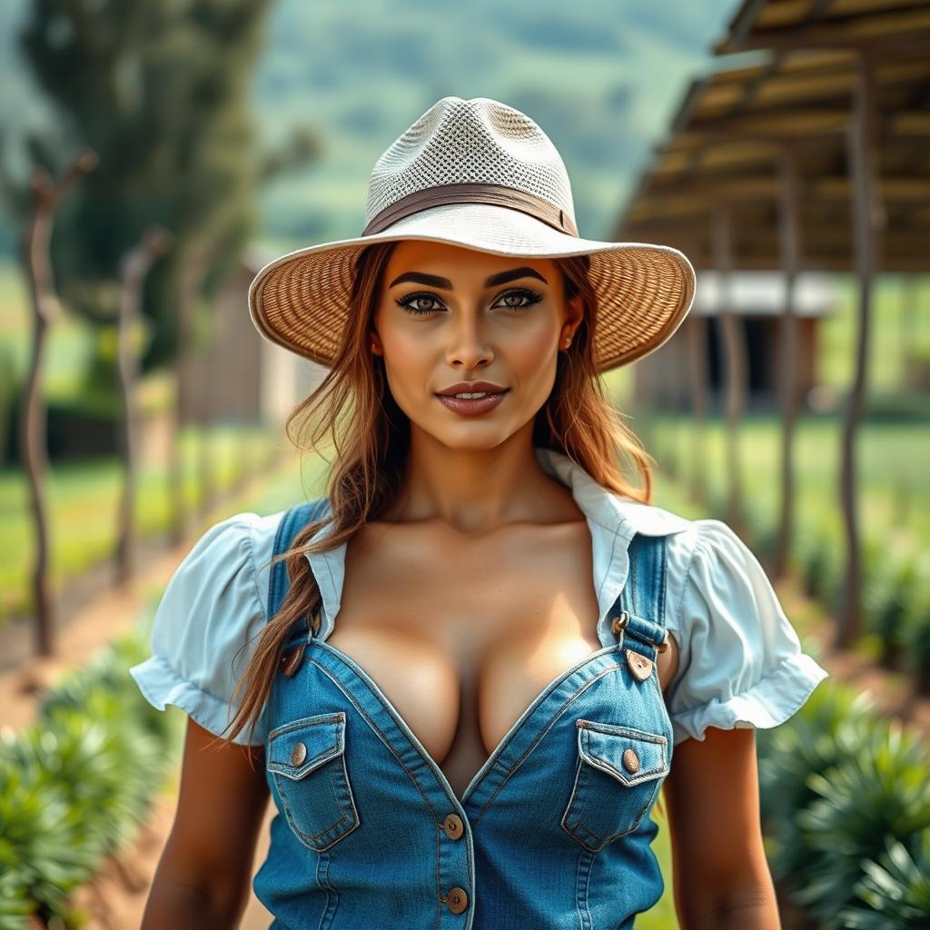 A stunning Guatemalan woman dressed in a provocative farmer's outfit with a daring deep neckline that showcases her voluptuous bust