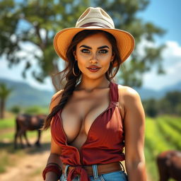 A stunning Guatemalan woman dressed in a provocative farmer's outfit with a daring deep neckline that showcases her voluptuous bust