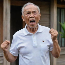 A 70-year-old Malay grandfather, dressed in a white round neck polo shirt, with his mouth wide open, gasps for breath. He looks pale and clutches his chest with both hands, in the throes of a heart attack, complemented by a rustic wooden house background.