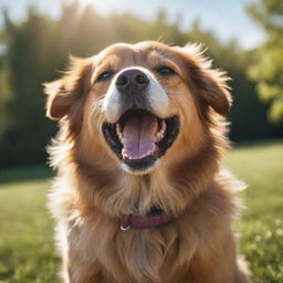 A photorealistic image of a happy, energetic dog with glossy fur under the bright sunlight