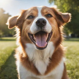 A photorealistic image of a happy, energetic dog with glossy fur under the bright sunlight