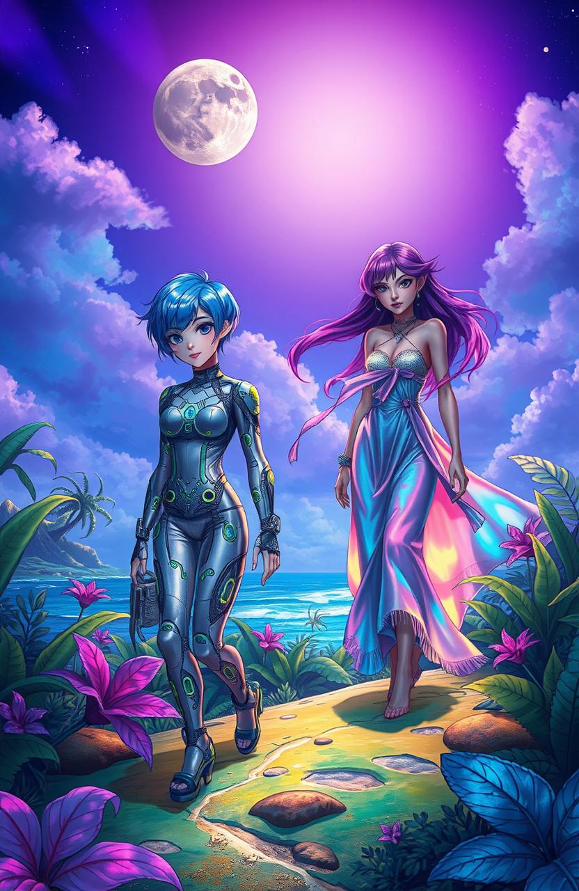 A vibrant and lush science fiction landscape set on a tropical island, featuring two human girls with distinct and colorful styles