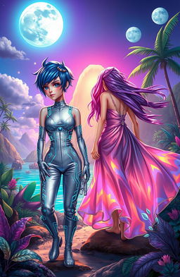 A vibrant and lush science fiction landscape set on a tropical island, featuring two human girls with distinct and colorful styles