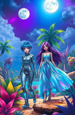 A vibrant and lush science fiction landscape set on a tropical island, featuring two human girls with distinct and colorful styles