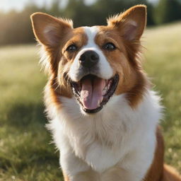 A photorealistic image of a happy, energetic dog with glossy fur under the bright sunlight