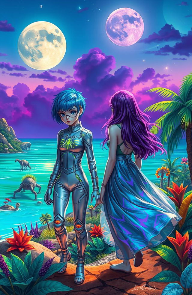 A vibrant and lush science fiction landscape set on a tropical island, featuring two human girls with distinct and colorful styles