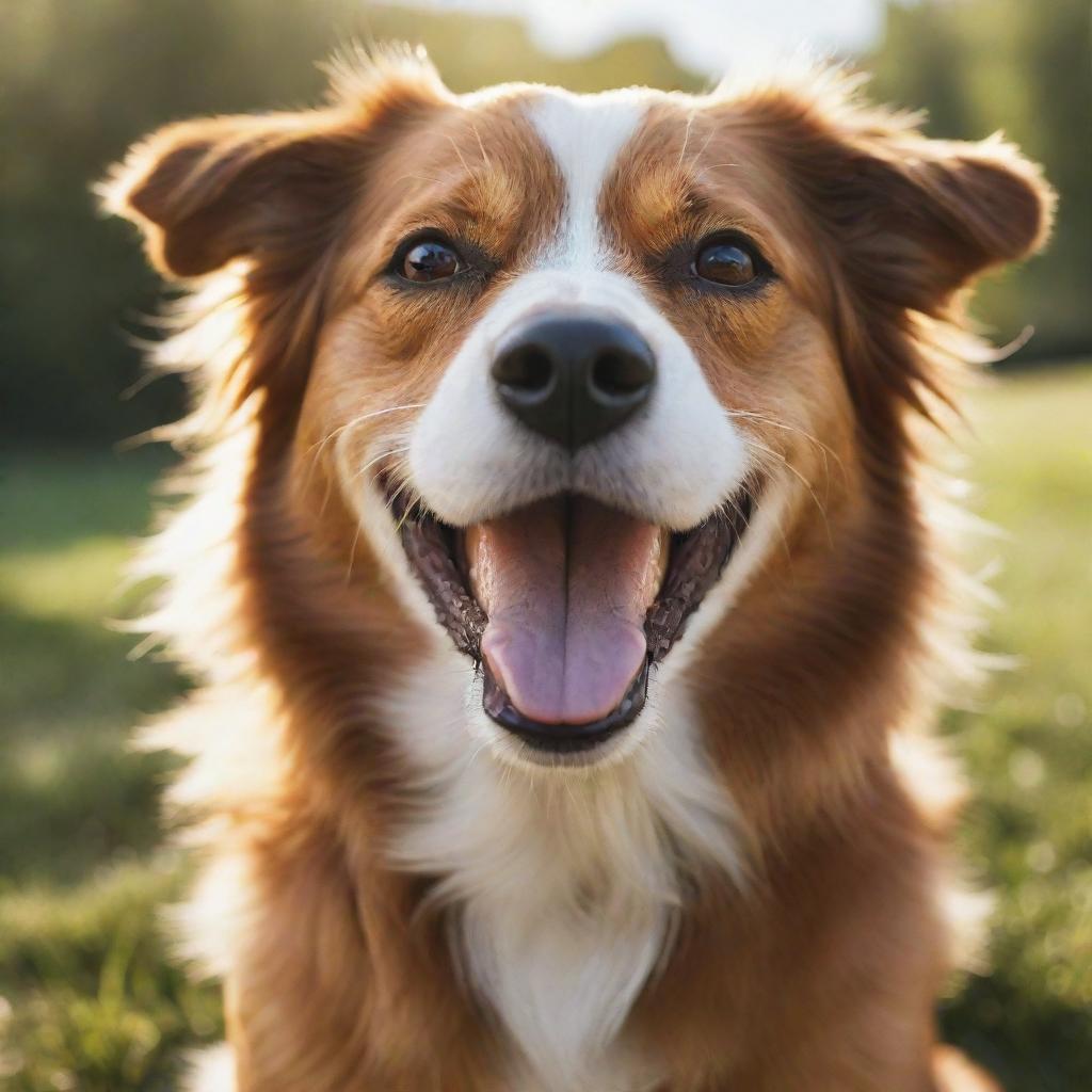 A photorealistic image of a happy, energetic dog with glossy fur under the bright sunlight