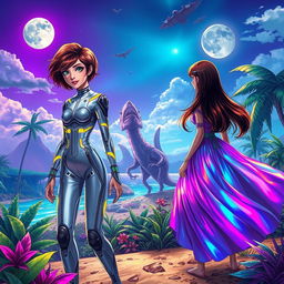 A vibrant and lush science fiction landscape set on a tropical island, featuring two brunette human girls with distinct and colorful styles