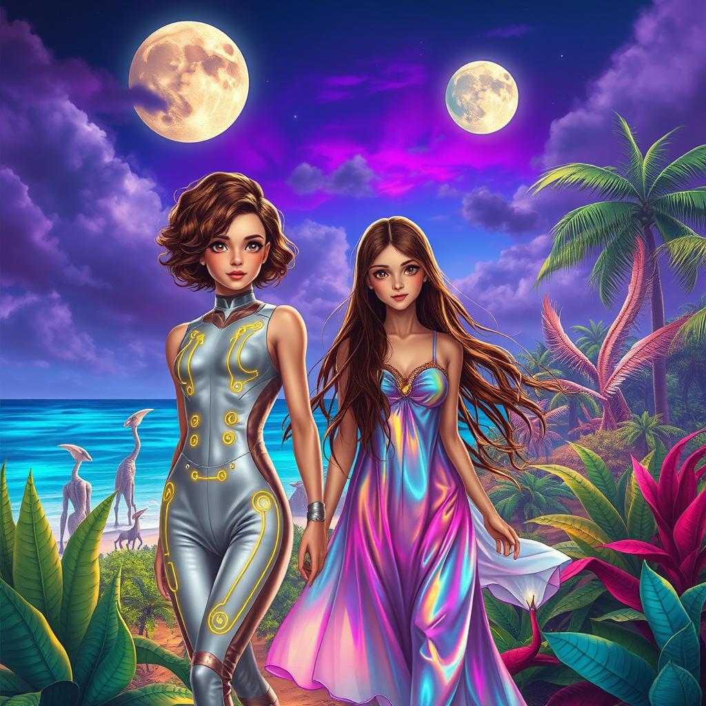 A vibrant and lush science fiction landscape set on a tropical island, featuring two brunette human girls with distinct and colorful styles