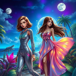 A vibrant and lush science fiction landscape set on a tropical island, featuring two brunette human girls with distinct and colorful styles