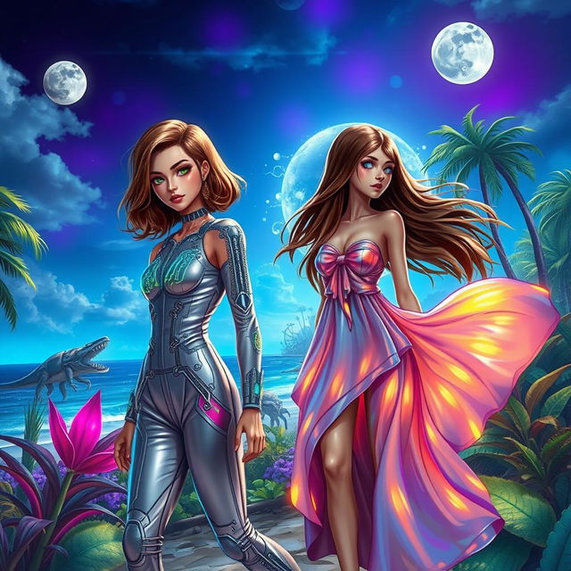 A vibrant and lush science fiction landscape set on a tropical island, featuring two brunette human girls with distinct and colorful styles