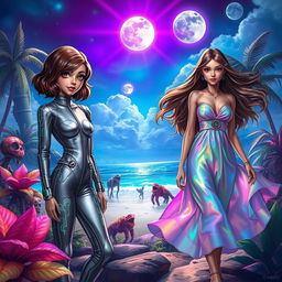 A vibrant and lush science fiction landscape set on a tropical island, featuring two brunette human girls with distinct and colorful styles